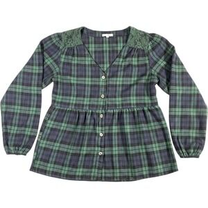 Maurices Green/Navy/Blue Plaid Flannel Babydoll Top Lace Shoulders Size Medium